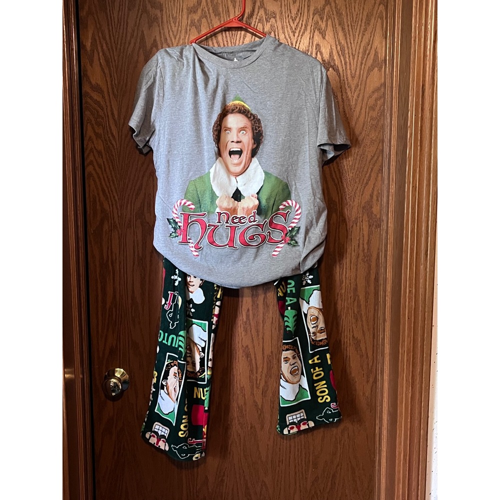 Elf Movie Pajama Set Mens Large Grey Buddy Need Hugs Shirt Green Fleece Pants